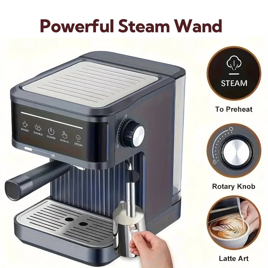 Black espresso machine with stainless steel steam wand, rotary knob, and digital touch interface for home lattes.