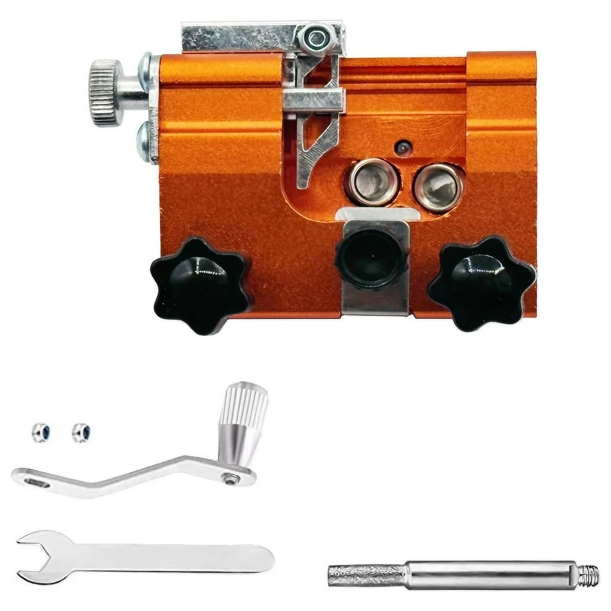 Orange manual chainsaw sharpener kit with burr stone bits, adjustment lever, and wrenches
