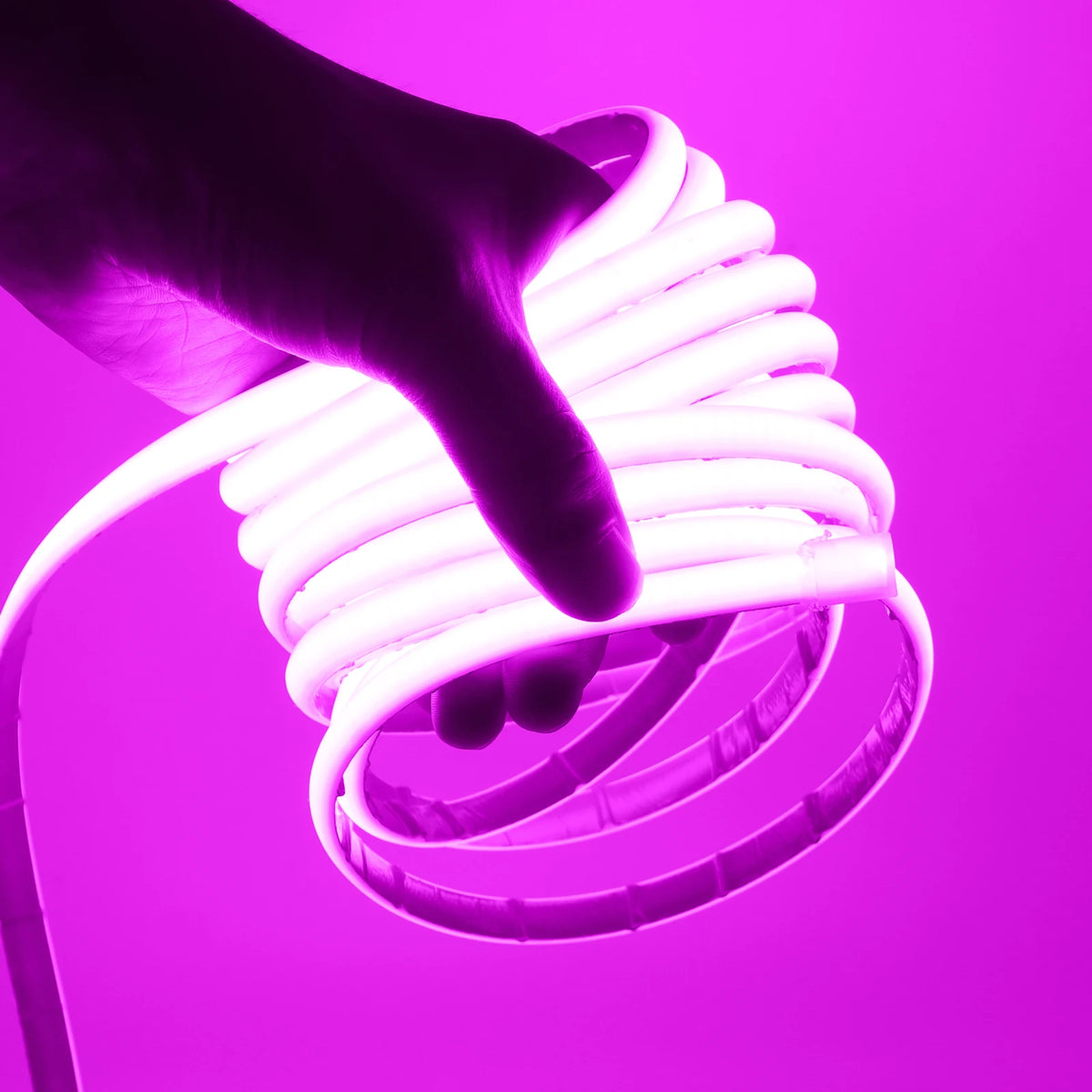 Waterproof COB LED neon strip light glowing purple, held in hand