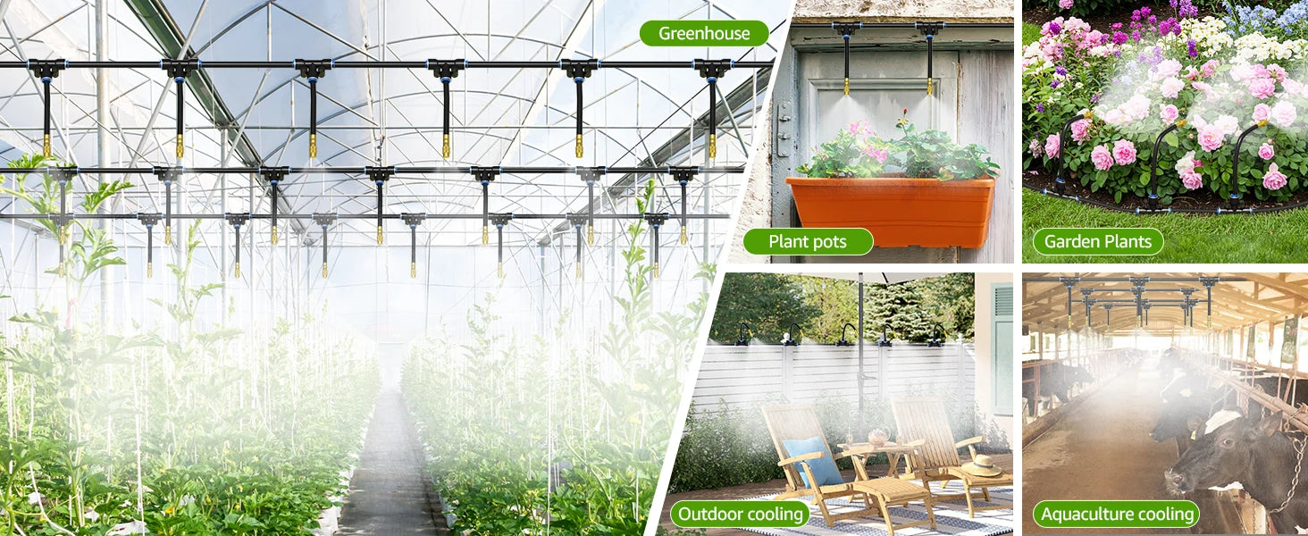 Outdoor drip irrigation misting kit with adjustable nozzles along a garden pipe system