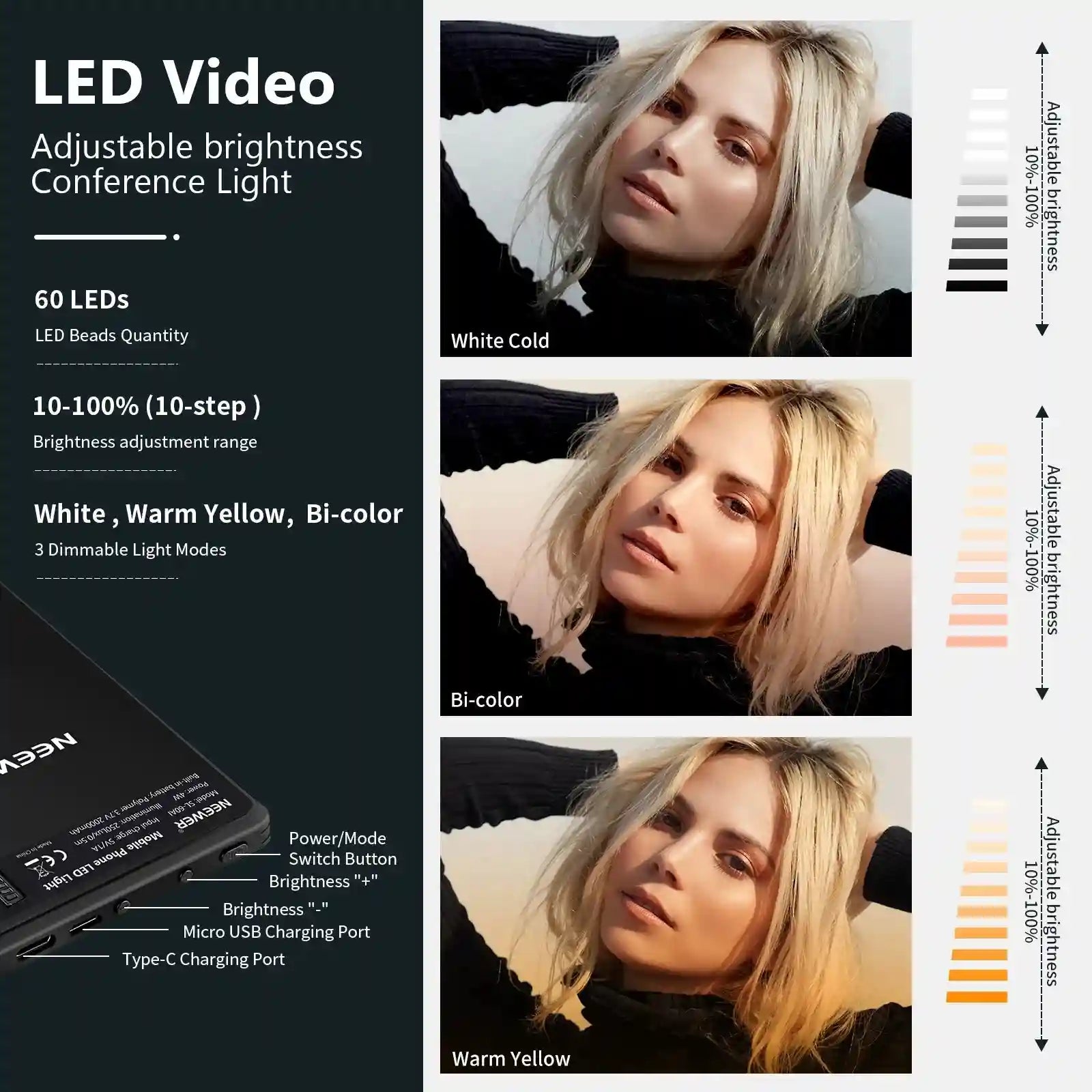 Selfie Light With Clip - 60 LED Rechargeable Ring Light for Mobile Content Tidesmit