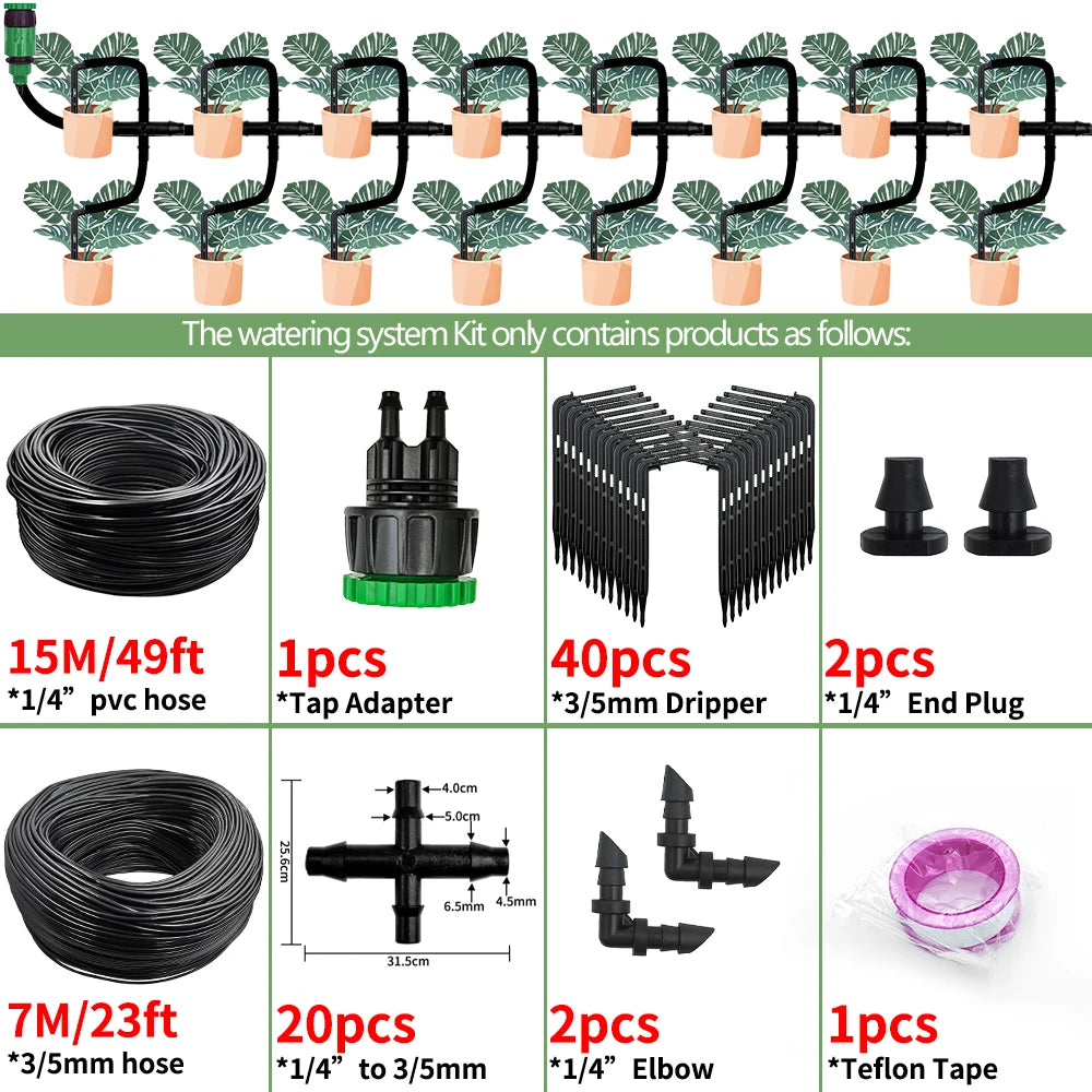 Drip irrigation kit components: black hose roll, dripper stakes, adapters, and end plugs