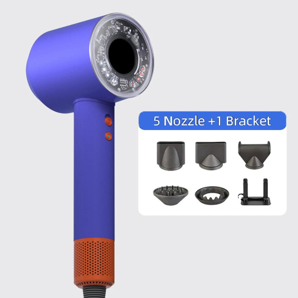 Blue leafless negative ion hair dryer with 5 styling nozzles and bracket for professional quick-dry hair care.