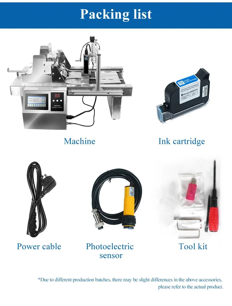 Barcode printer packing list showing machine, ink cartridge, cables, and tool kit