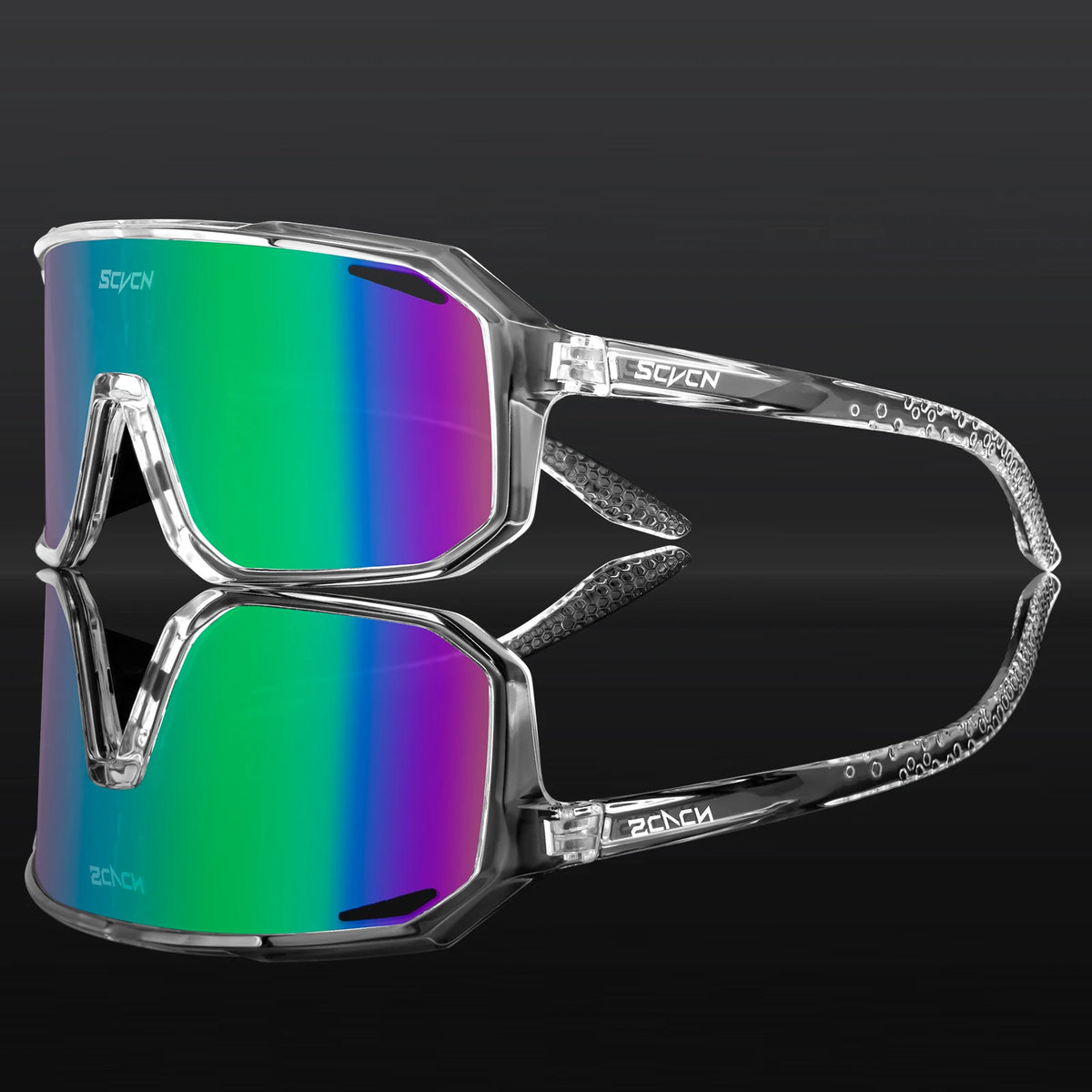 Cycling sunglasses with clear frame and green rainbow reflective lenses