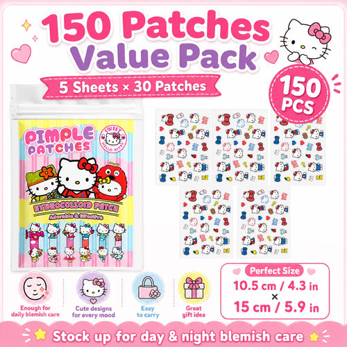 150-count hydrocolloid pimple patch stickers with Hello Kitty faces on patch sheet packs