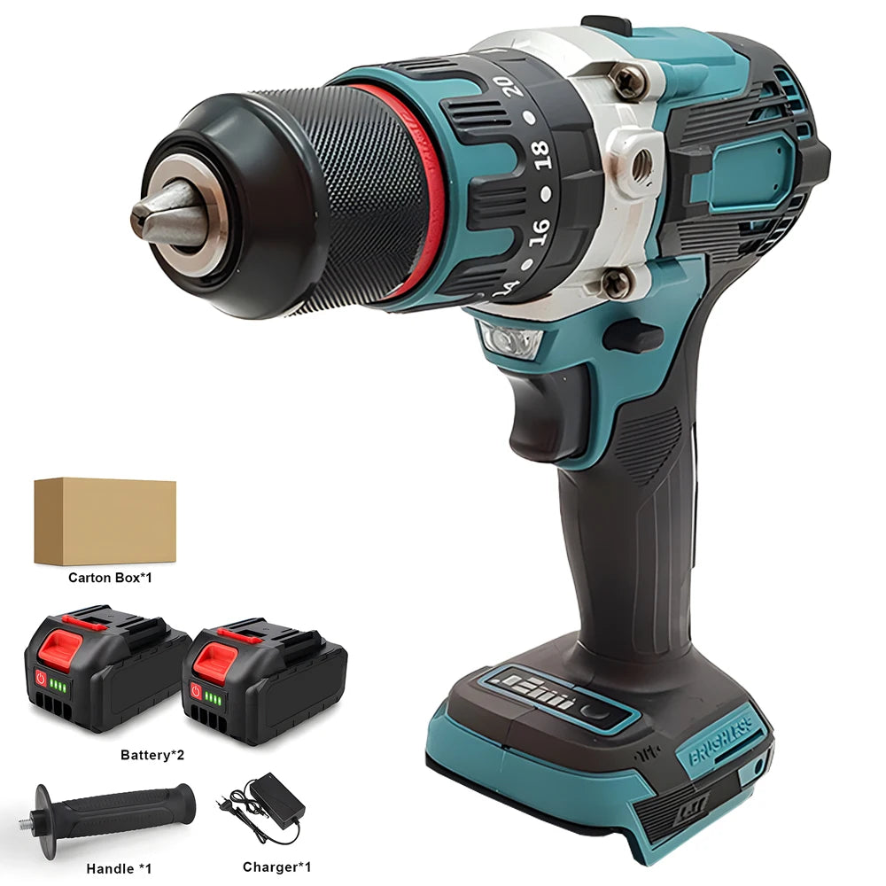 Podofo Brushless Electric Drill Screwdriver Power Tools Metal Chuck Impact Hammer Drill  Cordless Motor Screwdriver Power Tools
