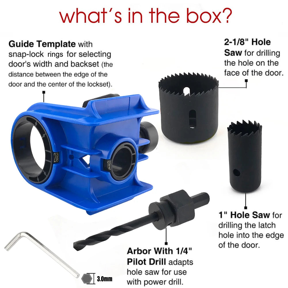 Door latch installation kit contents: blue guide jig, hole saws, and pilot drill bit