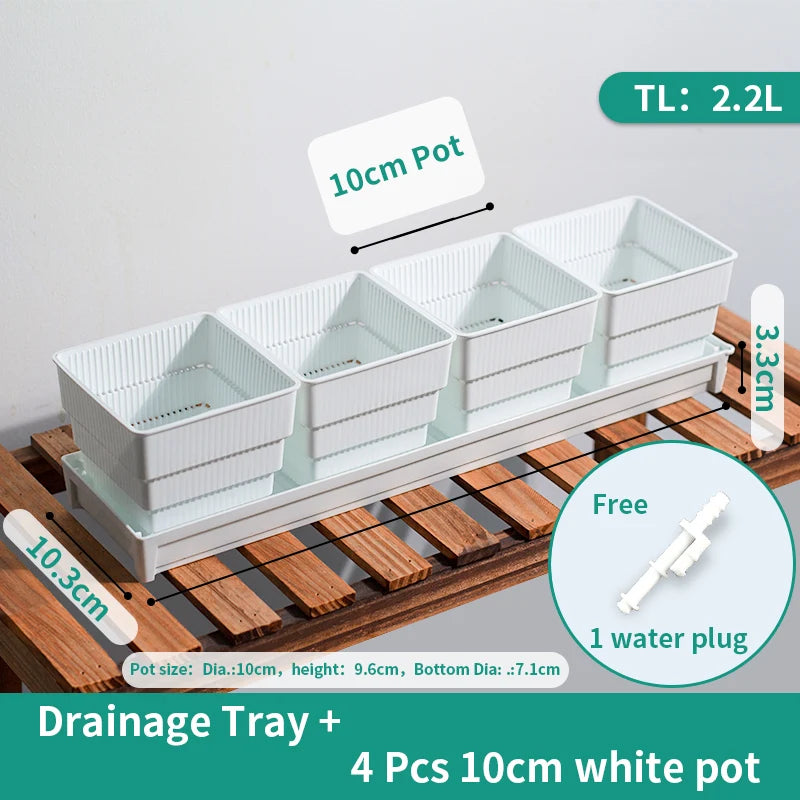White drainage tray with four ribbed square 10 cm succulent pots, includes one water plug