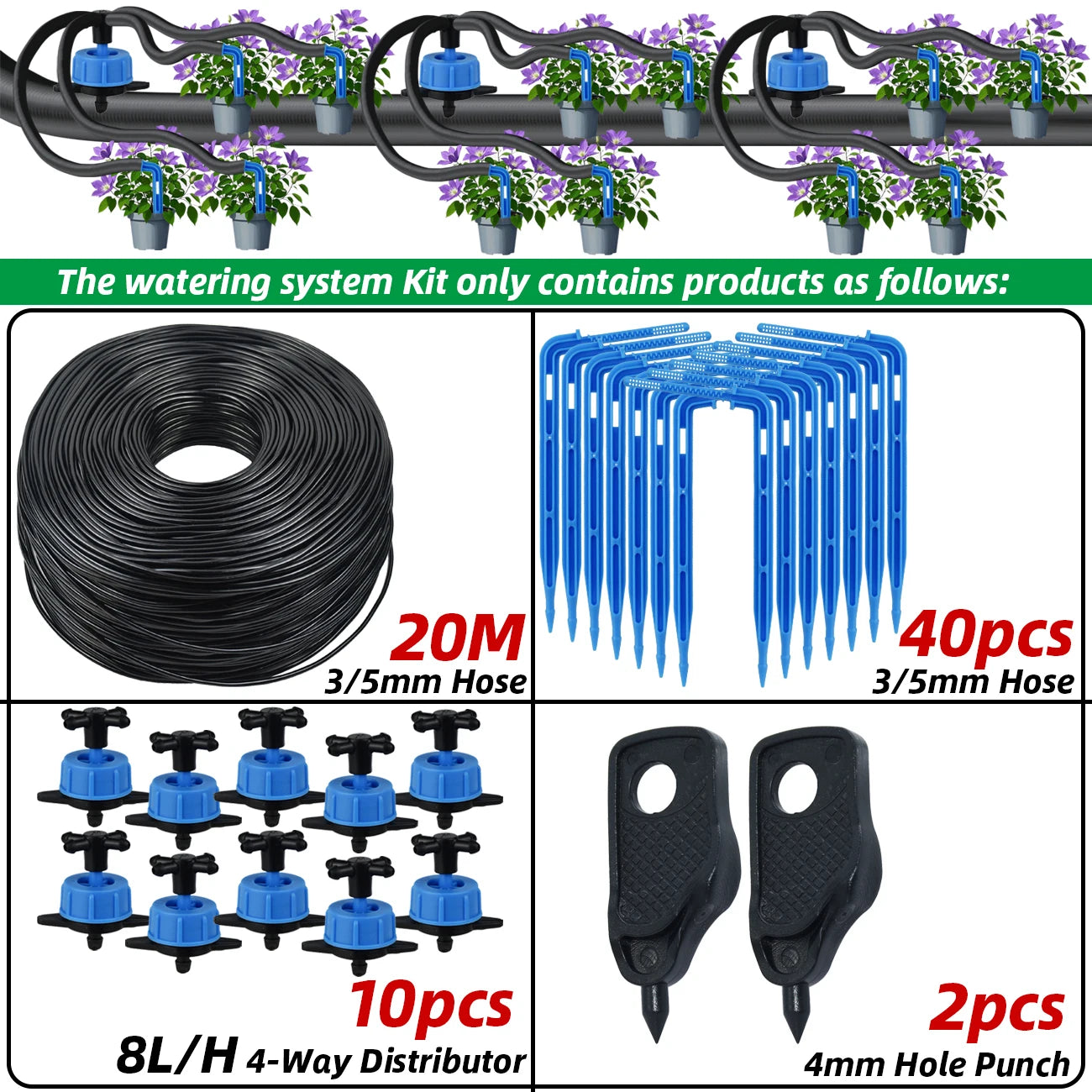 4-way drip irrigation kit with blue 3/5mm hose coil, black drippers and hole punch