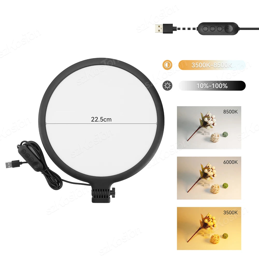 22.5cm round LED ring light with USB cable and controller, adjustable color temperature and brightness for photography.