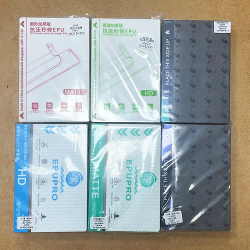 Pack of hydrogel screen protector films with matte and HD privacy styles, 50 pcs shown