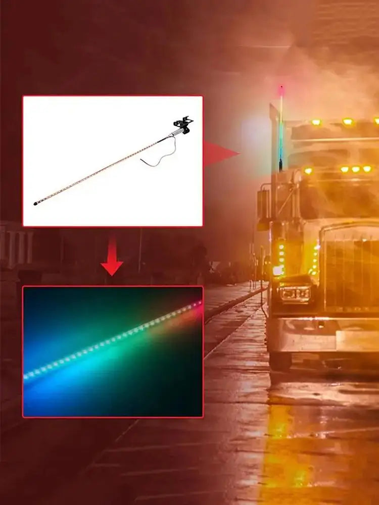 LED whip antenna with multi-color lights, mounted on a semi-truck for nighttime visibility and safety.