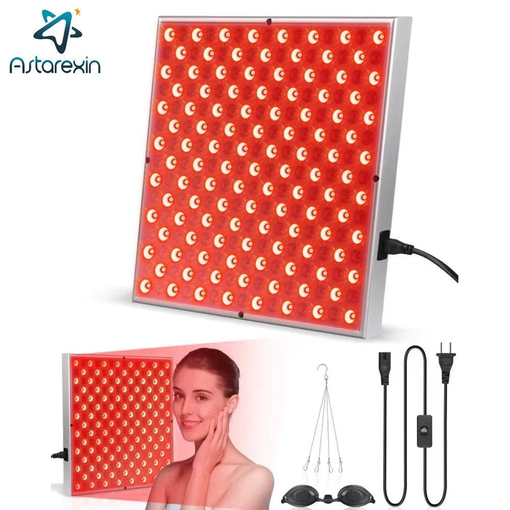 Square red light therapy panel with 225 LEDs, power cord, hanging kit, and protective eyewear for skin and pain relief.