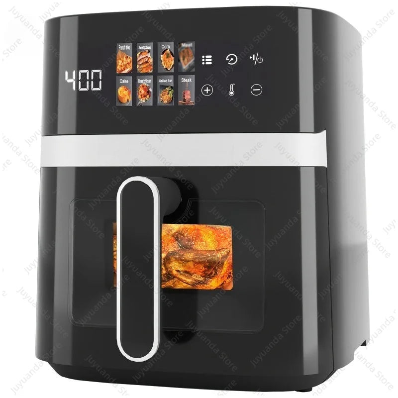 Black air fryer oven front control close-up with digital timer and cooking window