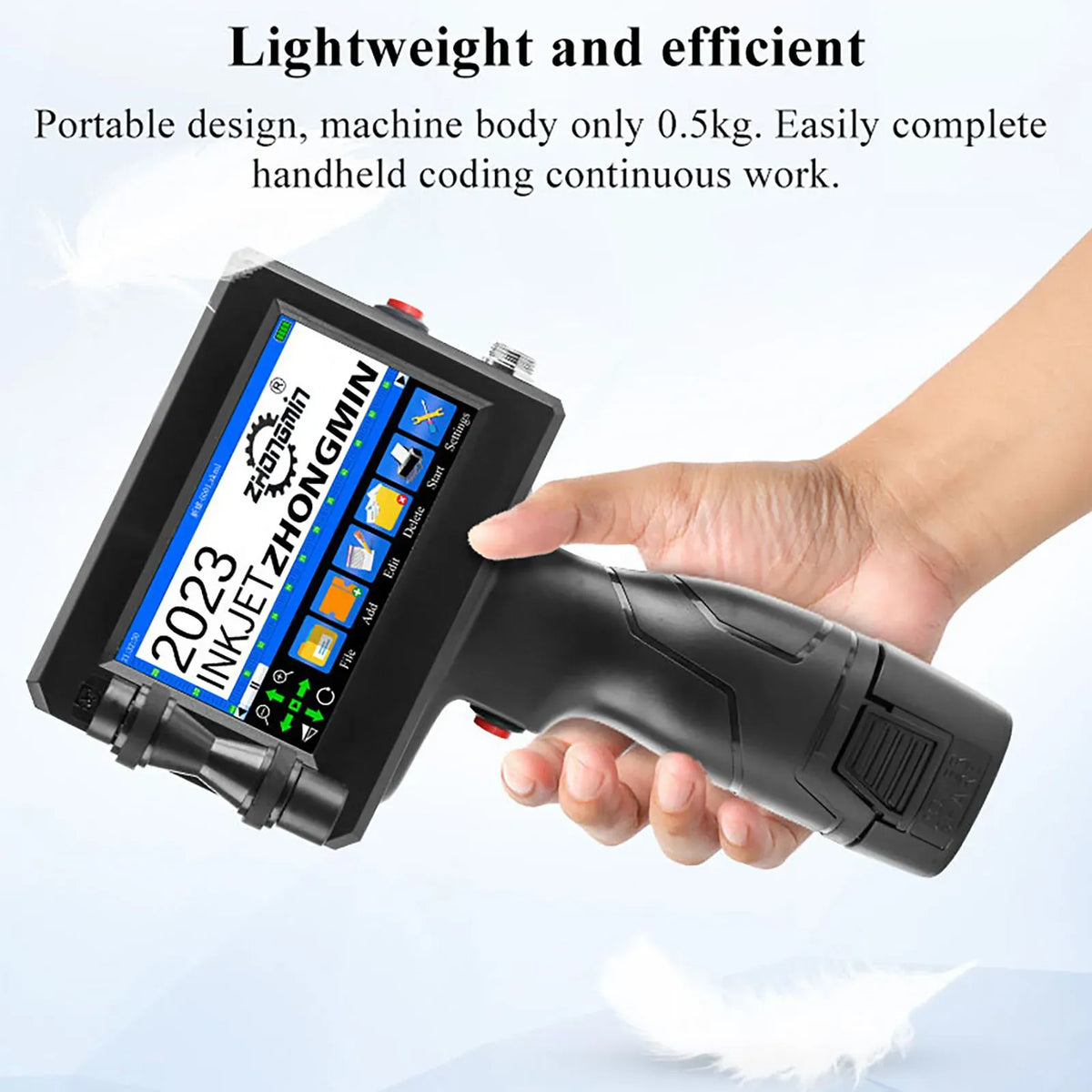 Handheld inkjet printer with built-in screen displaying date and barcode-style codes