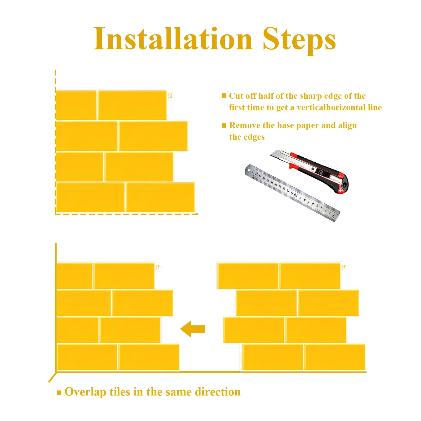 5/10/20pcs Bright Yellow Subway Peel and Stick Backsplash Tiles, Waterproof Self Adhesive Wall Stickers for Kitchen Bathroom