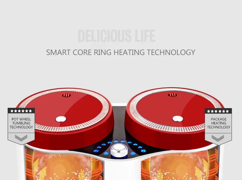 Top view of red electric double-tube rice cooker with two heating lid plates