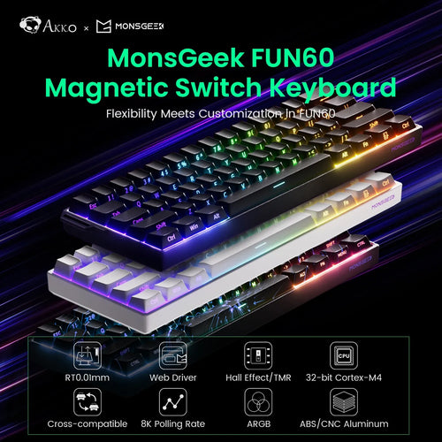 Akko MonsGeek FUN60 60% mechanical keyboard with magnetic switches, ARGB lighting, and black/white color variants.
