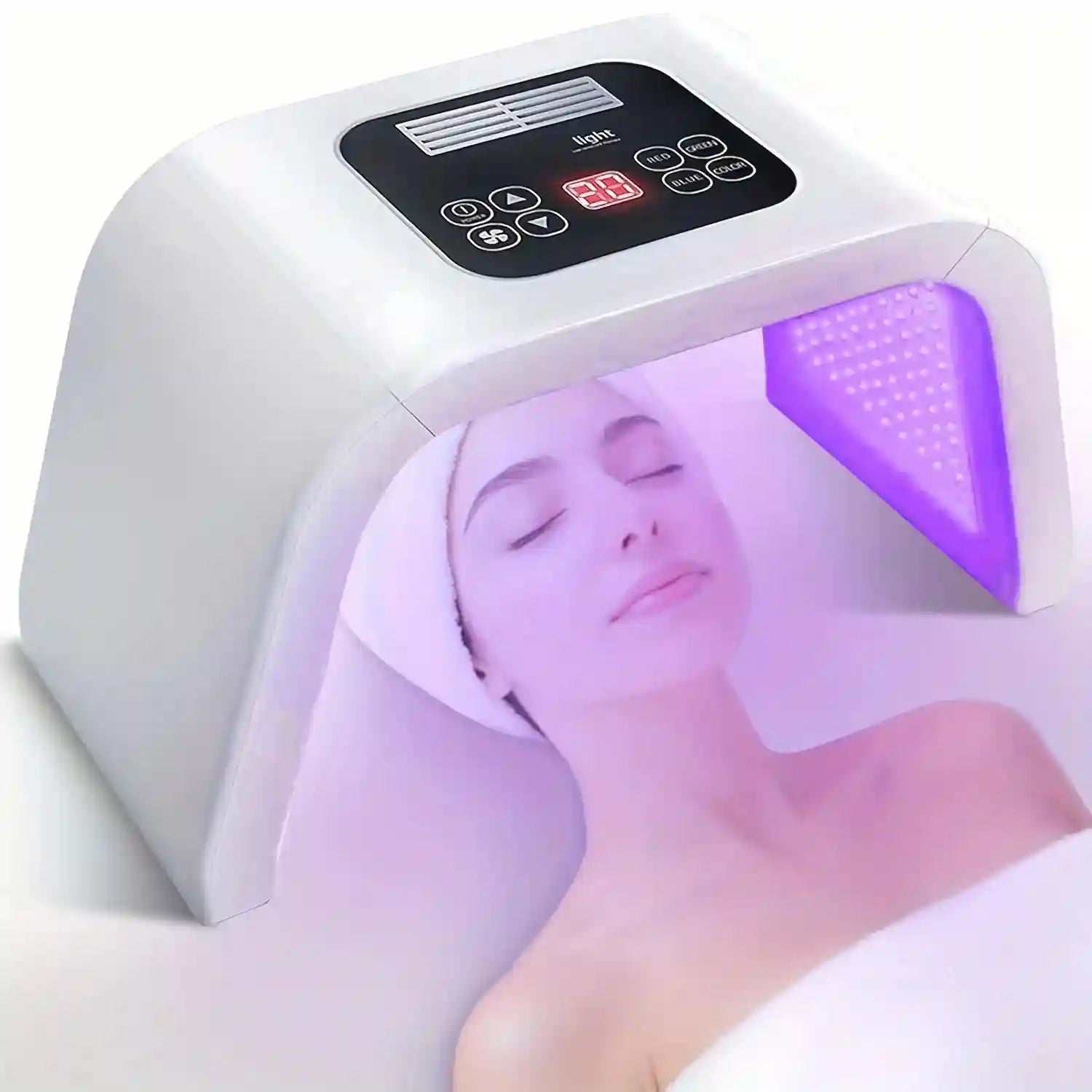 White arch-shaped LED light therapy device emitting purple light over a woman’s face and neck.