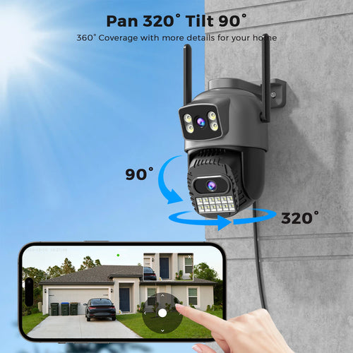 Outdoor WiFi security camera shown in pan and tilt rotation with wall mount