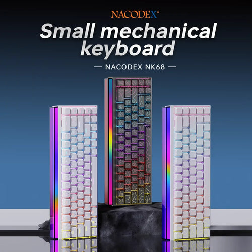 Nacodex NK68 68-key mechanical keyboards with RGB light bars and terrain-patterned keycaps in black and white styles.