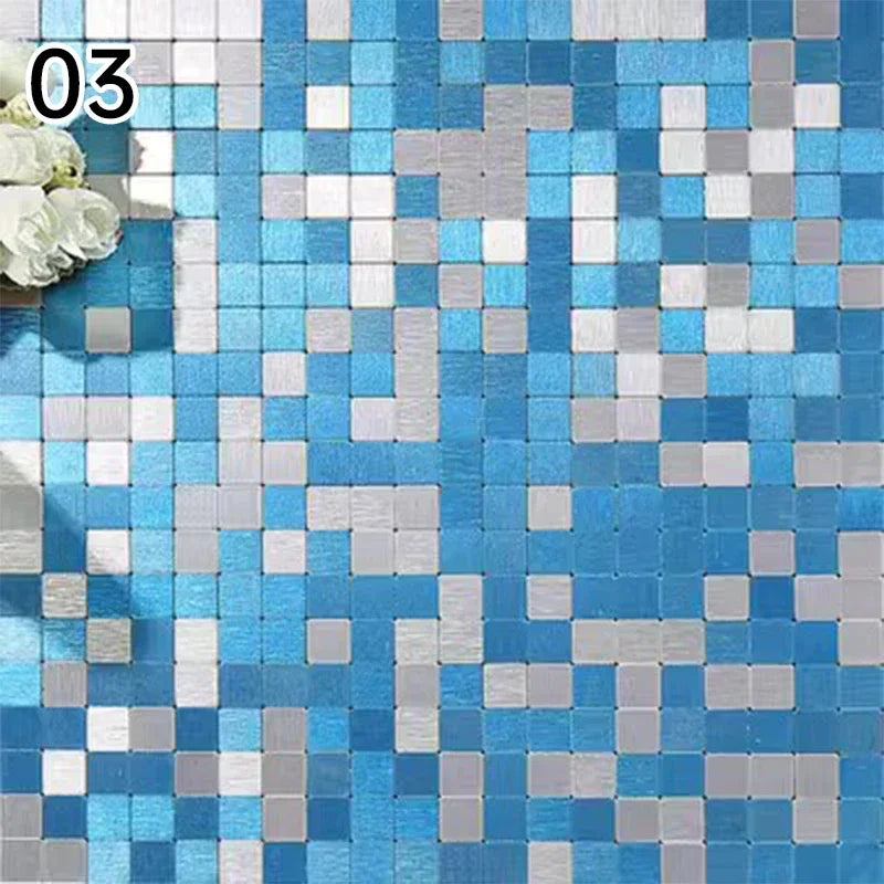 Self-adhesive mosaic wall decal with light blue, white, and gray tile squares in a grid