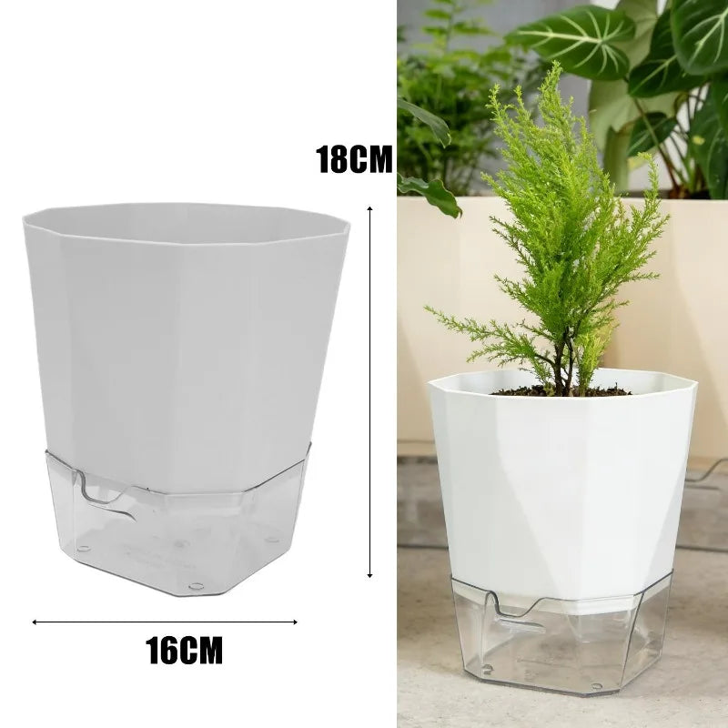 Self-watering gray plant pot with clear reservoir and inner tray