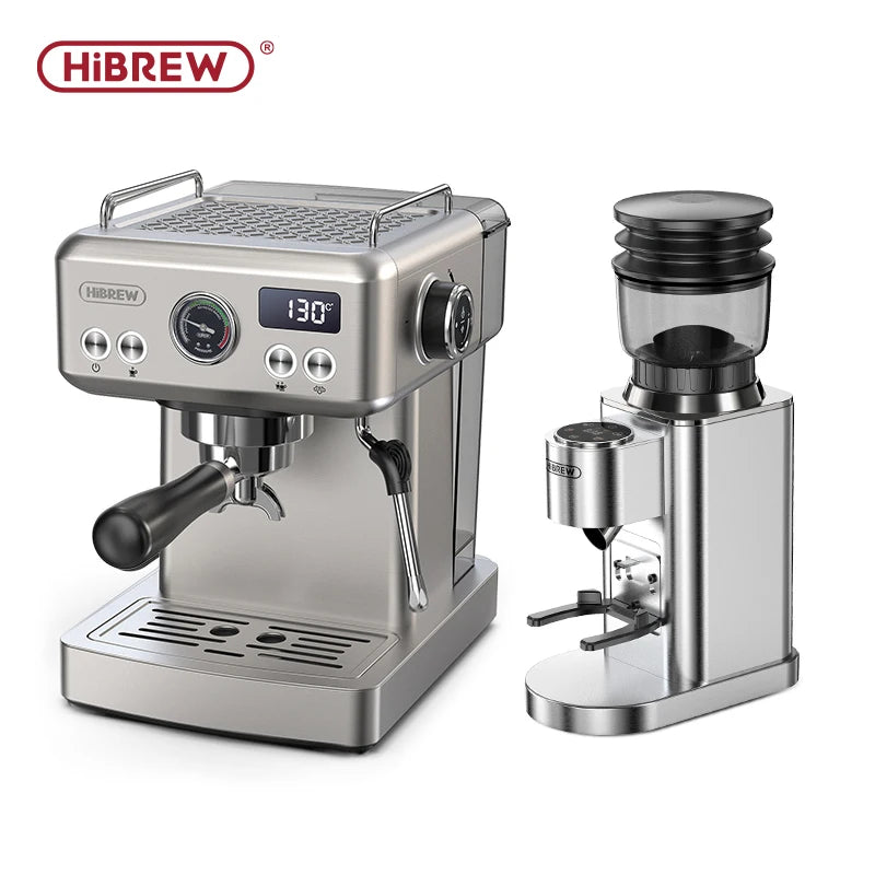 HiBREW stainless steel espresso machine and coffee grinder set with digital display, pressure gauge, and steam wand.