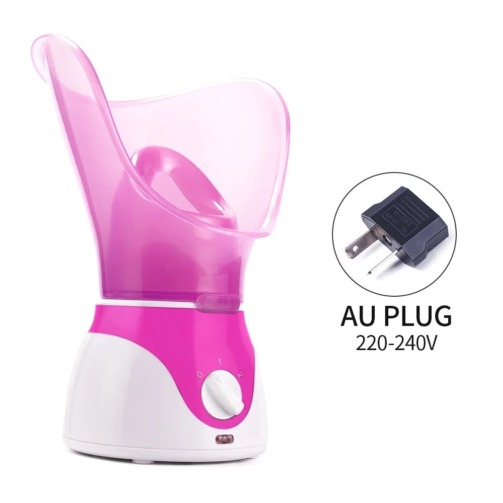 Pink facial steamer machine for deep pore cleansing and skin moisturizing with AU plug and heat control dial.