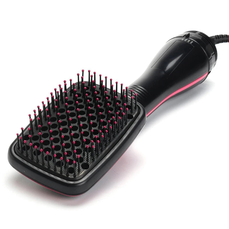 Black and pink one-step hair dryer brush with detangling pins for easy blow drying, volumizing, and straightening.