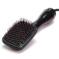 Black and pink one-step hair dryer brush with detangling pins for easy blow drying, volumizing, and straightening.