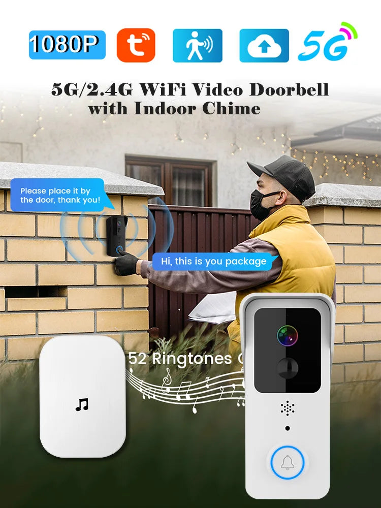 1080P HD WiFi Doorbell Camera with Night Vision PIR Motion Detection 5G 2.4G Intercom Doorbell for Tuya Smart Home Ring