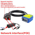 Blue barcode scanner module with PoE RJ45 port and black Ethernet power cable