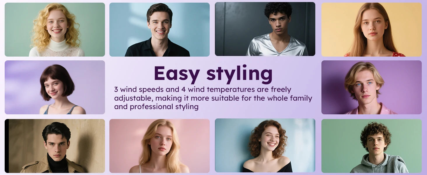 High-speed negative ion hair dryer featuring 4 heat settings for versatile, professional family styling and fast drying.