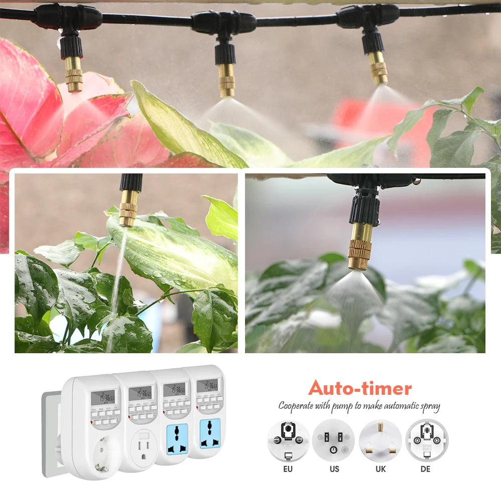 Multi-nozzle misting hose kit with brass connectors and black tubing
