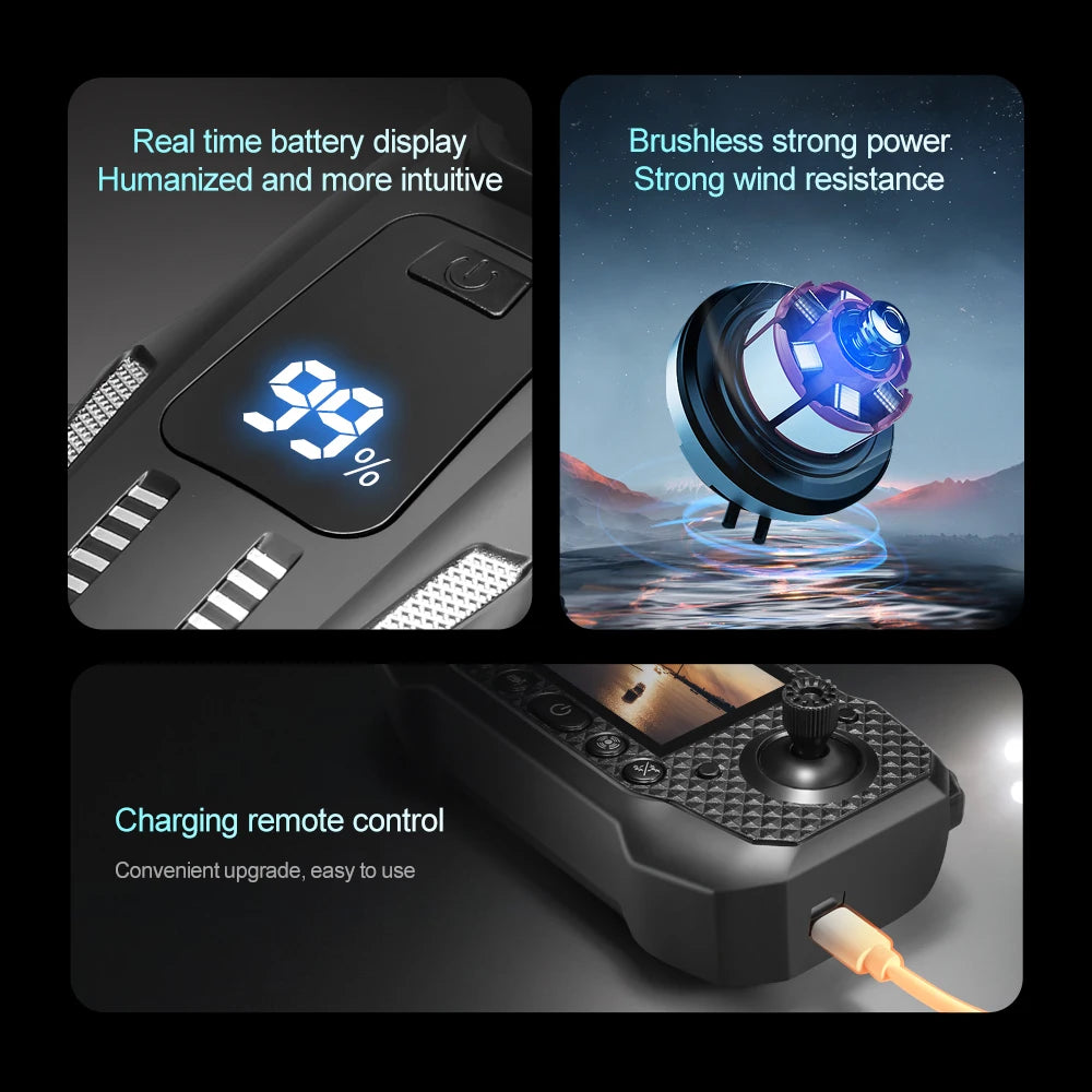 Black drone remote controller with a digital battery display, joystick, and USB-C charging port.