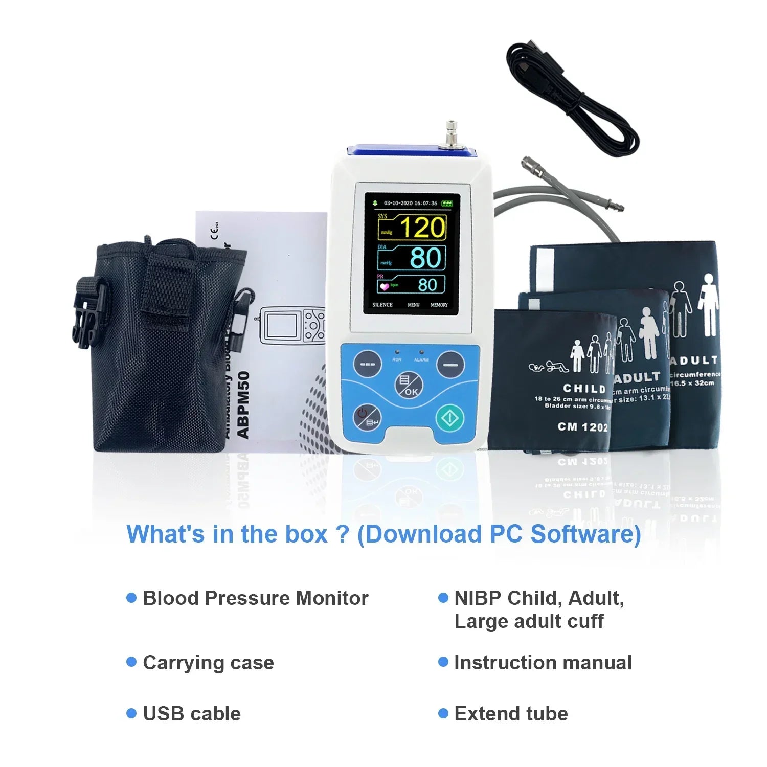 CONTEC ABPM50 24 Hours NIBP Holter Dynamic Upper Arm Digital Blood Pressure Monitor PC Software, Large Adult or Adult Cuff