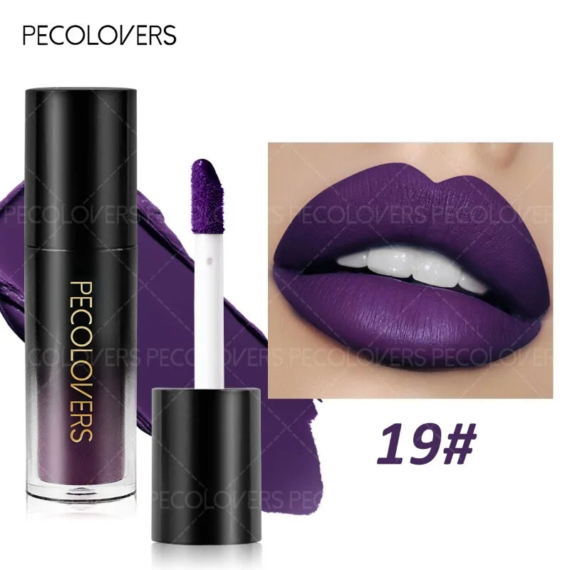 Long-lasting matte purple lip gloss in black tube, providing a non-drying, high-pigment plump lip makeup finish.