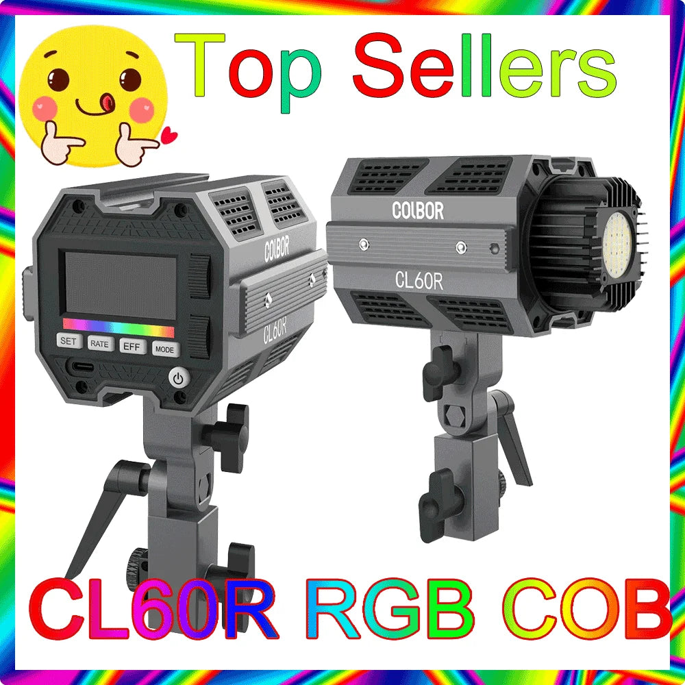 Colbor CL60R gray RGB COB LED video light with a digital display and mounting bracket for studio lighting.