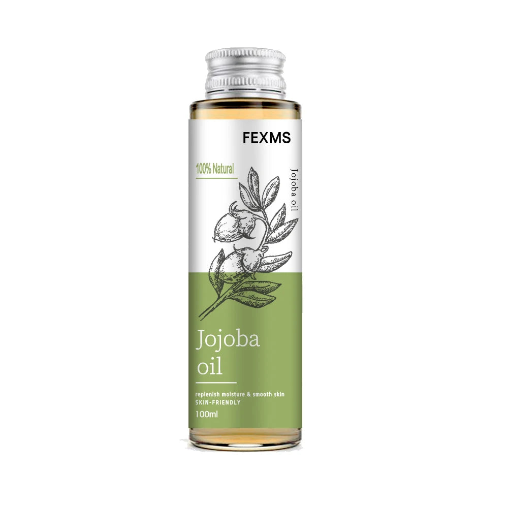 Jojoba oil bottle, 100ml, FEXMS, green oil in clear glass with cap