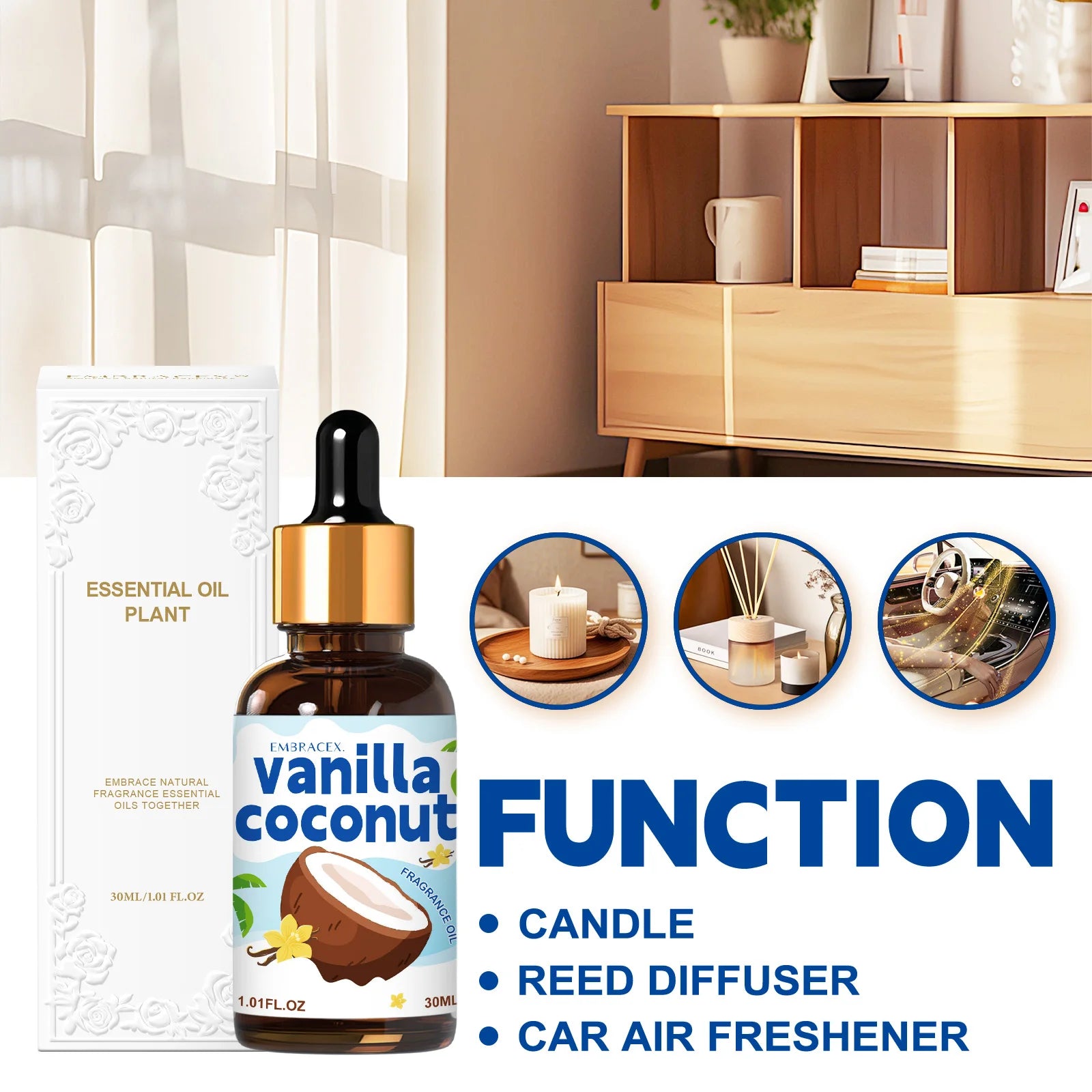 30ml Vanilla Coconut Essential Oil For Diffusers, Car Air Freshener Oil DIY Projects, Candle Making Long Lasting Scent, Gifts