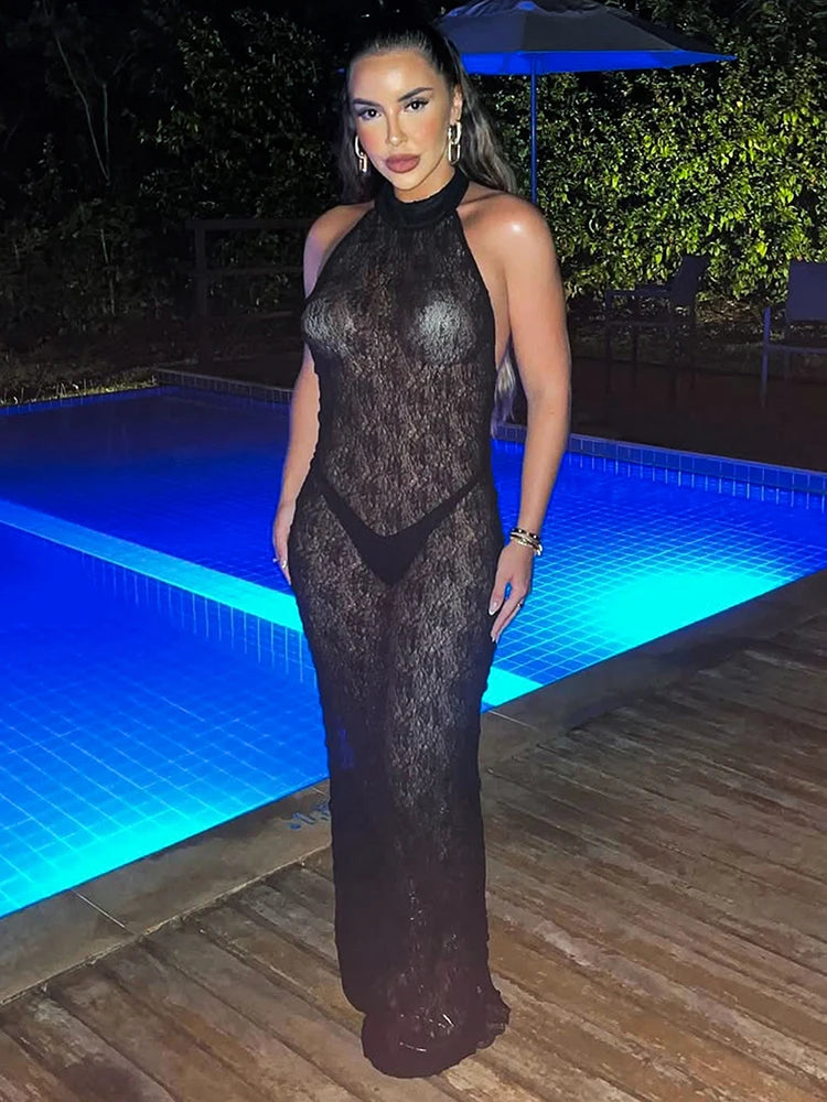 Weird Puss Mesh See Through Sexy Backless Maxi Dress Women Button Halter Sleeveless Midnight Trend Club Party Peach Hip Vestidos