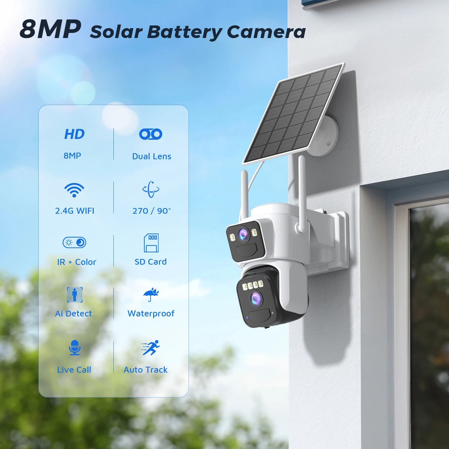 10MP PZT Solar IP Camera WiFi Outdoor 5K HD Dual Lens Home Security Camera Built in Battery Solar Panel and AI Person Detection