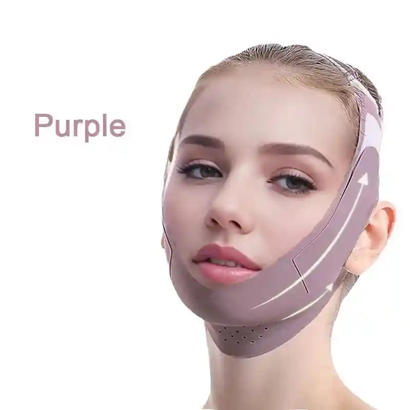 Woman wearing a purple V-line face slimming bandage for chin and cheek lifting, skincare beauty tool for face shaping.