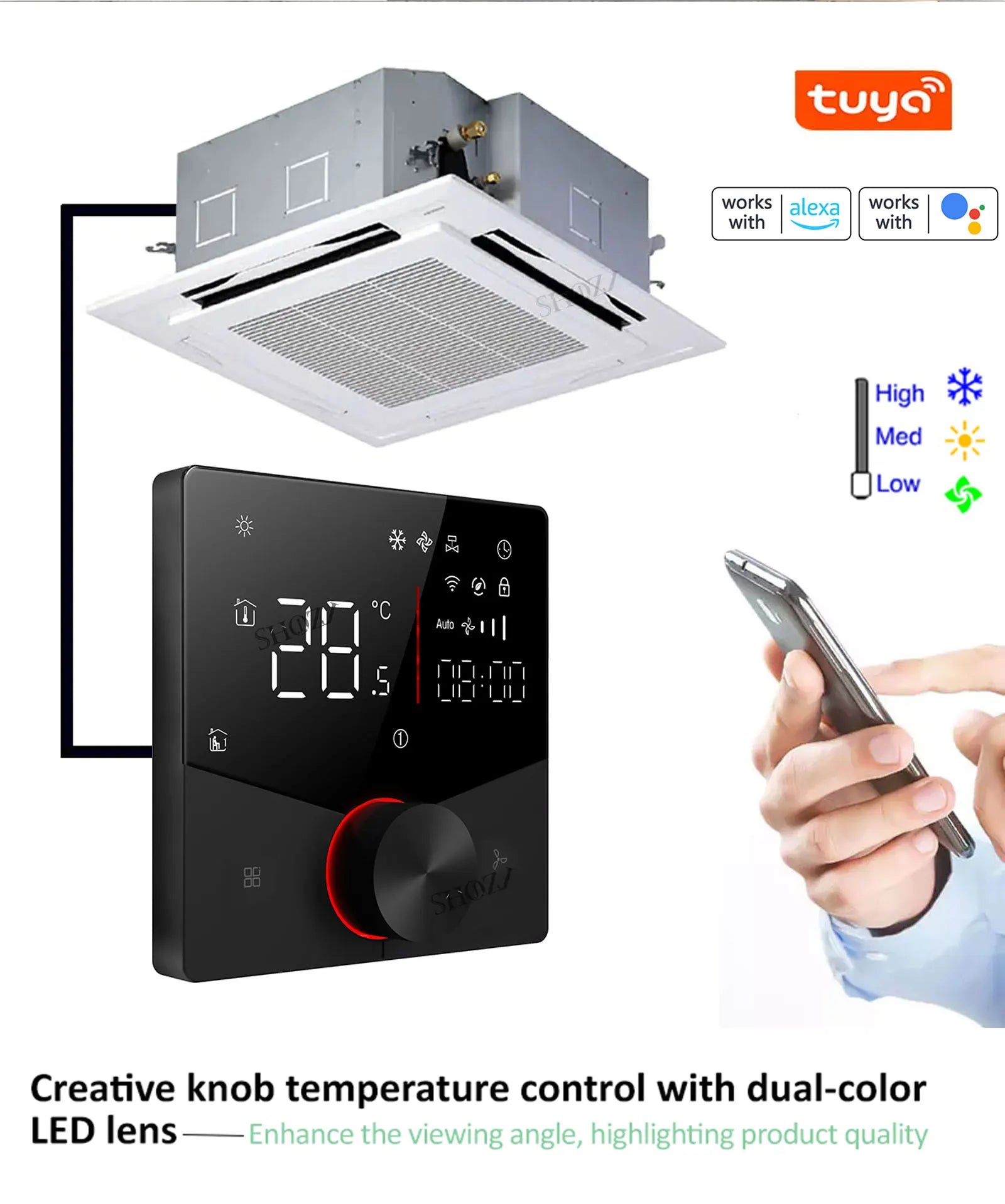 2/4 pipe wifi thermostat central air conditioning 3-speed fan coil rotating temperature adjustment voice TUYA  Alexa 24V