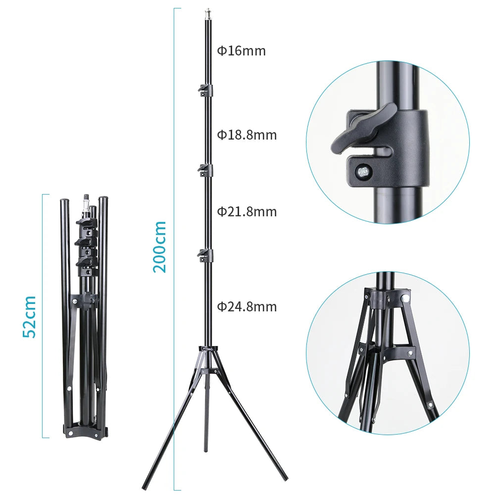 Black 200cm metal light stand with folding tripod base, locking knobs, and variable tube diameters for photography.