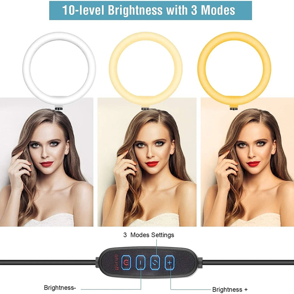 LED ring light with 3 color modes and 10 brightness levels, featuring a wired controller for photography and vlogging.