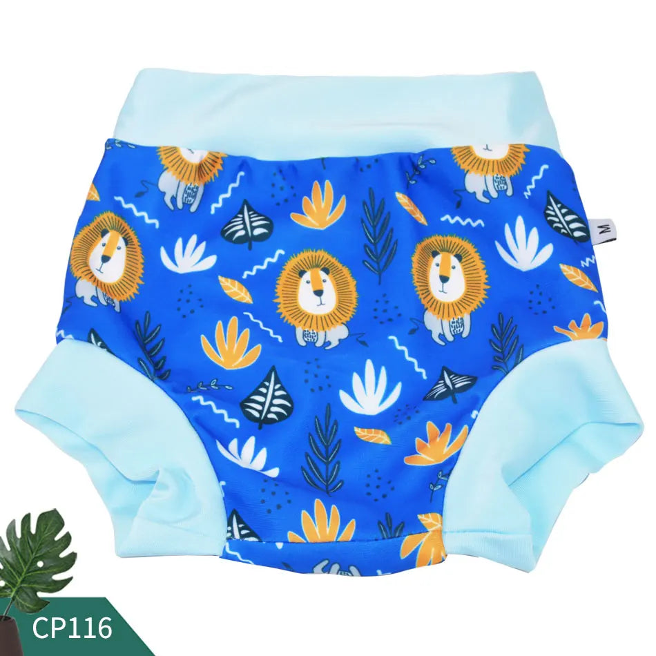 Reusable baby swim diaper, size M, featuring a cute blue lion and jungle leaf pattern for baby care.