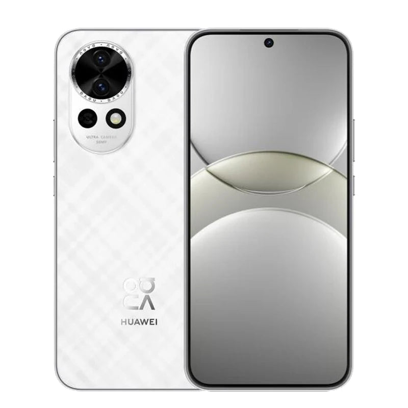 White Huawei Nova 13 5G smartphone, front and back view, 50MP dual camera, OLED display, 100W fast charging.